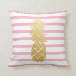 Tropische Gouden Ananas | Roze Strepen Patroon Kussen