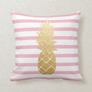 Tropische Gouden Ananas Roze Strepen Patroon Kussen