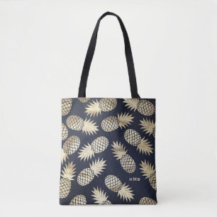 Tropische Gouden Folie Ananas Patroon Blauw Monogr Draagtas
