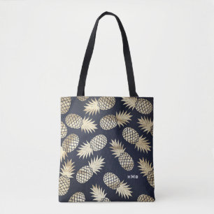 Tropische Gouden Folie Ananas Patroon Blauw Monogr Draagtas