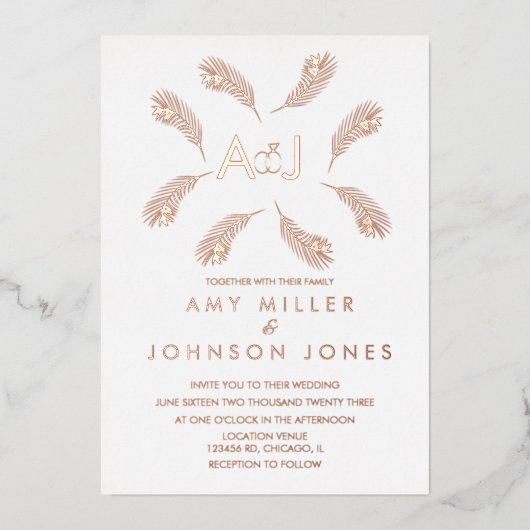 Tropische gouden ringbruiloft geperst folie uitnodiging (Voorkant)