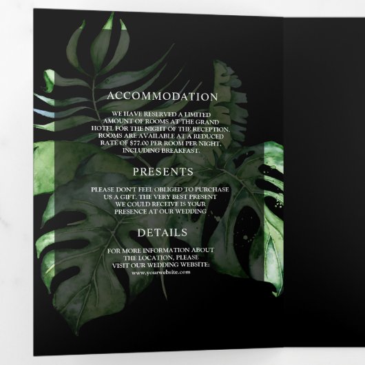 Tropische goudstera Palm Black QR Code Weddenschap Drieluik Uitnodiging (Binnenzijde eerst)