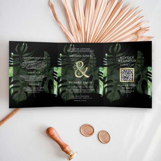 Tropische goudstera Palm Black QR Code Weddenschap Drieluik Uitnodiging