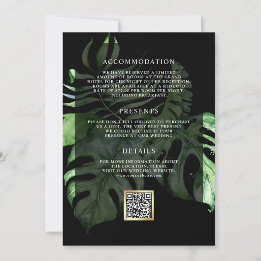 Tropische goudstera Palm Black QR Code Weddenschap Kaart (Achterkant)