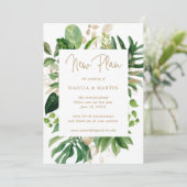 Tropische Greenery Gold Wedding-uitstel Aankondiging (Staand voorkant)