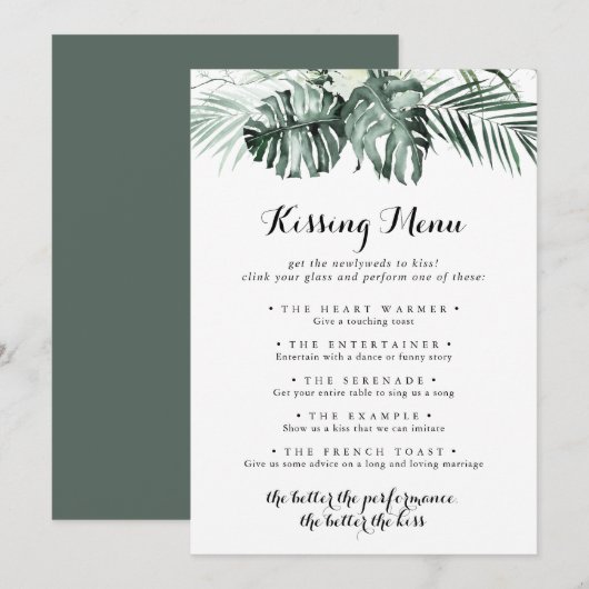 Tropische Greenery Wedding Kissing Menu Game Card (Voorkant / Achterkant)