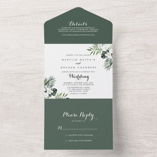 Tropische groen-witte Floral bruiloft All In One Uitnodiging (Binnen)