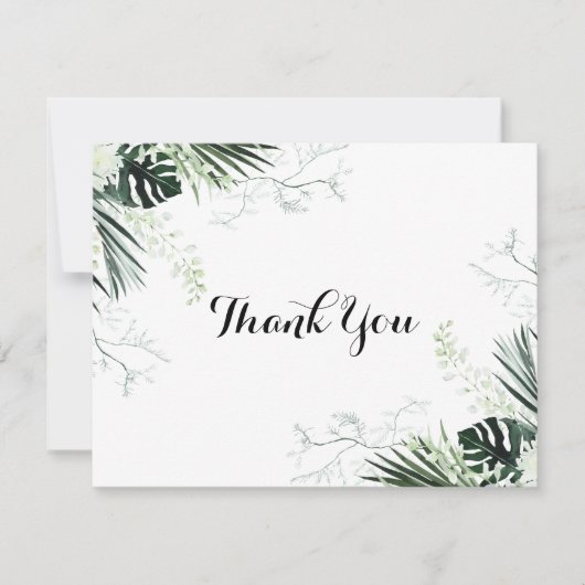 Tropische groen-witte platte bruiloft bedankkaart (Voorkant)