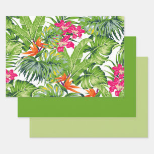 Tropische groene bladeren Roze sinaasappelbloemen Inpakpapier Vel