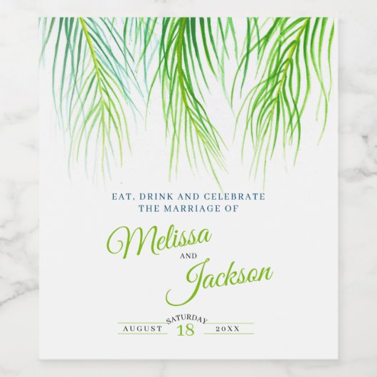Tropische groene palmvlieg waterverf bruiloft wijn etiket (Enkel label)