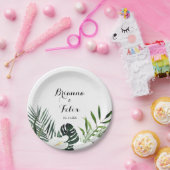 Tropische groene witte bloem bruiloftstaart papieren bordje (Feest)