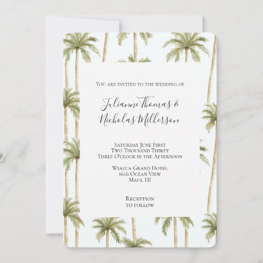 Tropische groene witte palmbomen bruiloft kaart (Voorkant)