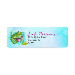 Tropische hagedis met bloemen etiket