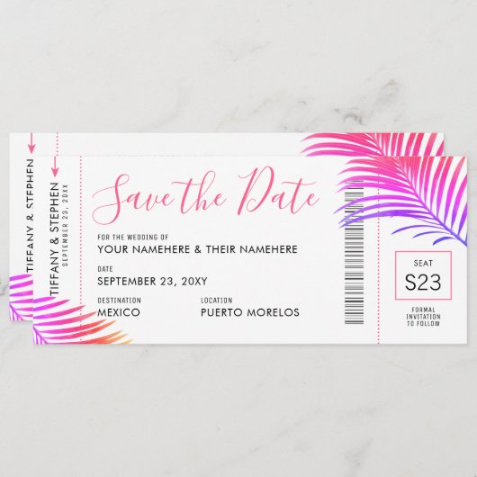 Tropische handpalm Bright Boarding Pass Save Date  Aankondiging (Voorkant / Achterkant)