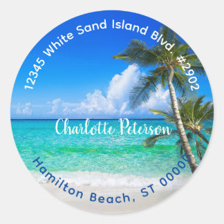Tropische handpalmbomen retouradres ronde sticker