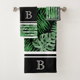 Tropische handpalmen zwart-wit strippatroon bad handdoek