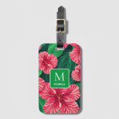 Tropische Hawaii Hibiscus palmbladeren Monogram Bagagelabel (Voorkant (verticaal))