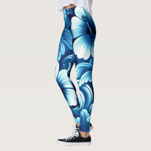 Tropische Hawaiiaanse bloemen Hibiscus blauw wit Leggings