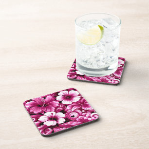 Tropische Hawaiiaanse bloemen Hibiscus roze patroo Bier Onderzetter