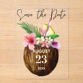 Tropische Hawaiian Floral & Coconut Save the Date Acryl Uitnodigingen