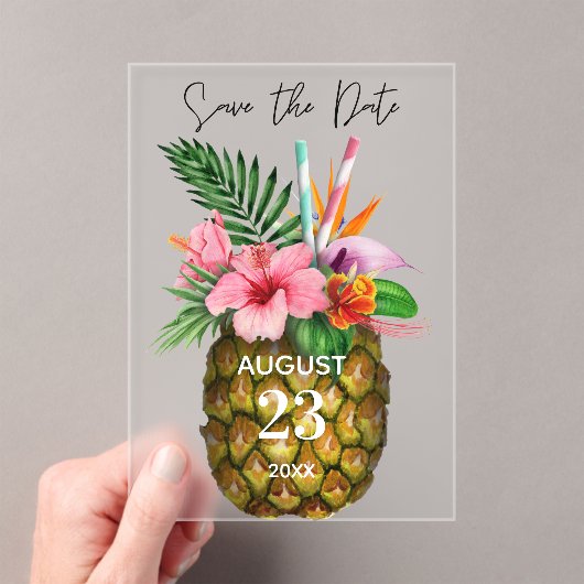 Tropische Hawaiian Floral & Pineapple Save the Dat Acryl Uitnodigingen (Insitu (Draagbaar))