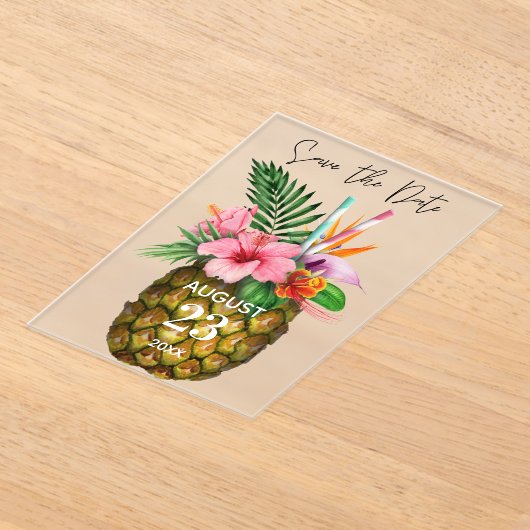 Tropische Hawaiian Floral & Pineapple Save the Dat Acryl Uitnodigingen (Laagn)