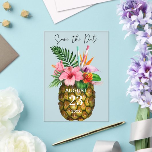 Tropische Hawaiian Floral & Pineapple Save the Dat Acryl Uitnodigingen (Insitu (Huwelijk))