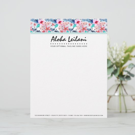 Tropische Hawaiian Hibiscus & Palm Leaf Waterverf Custom Briefhoofd (Staand voorkant)