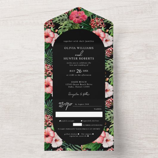 Tropische Hibiscus Arch Weddenschap Black All In One Uitnodiging (Binnen)