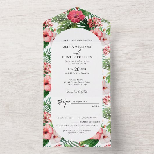 Tropische Hibiscus Arch Wedding All In One Uitnodiging (Binnen)