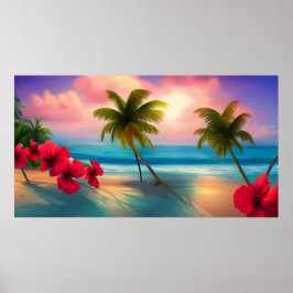 Tropische hibiscus Beach moonlight oceaanpalmen Poster