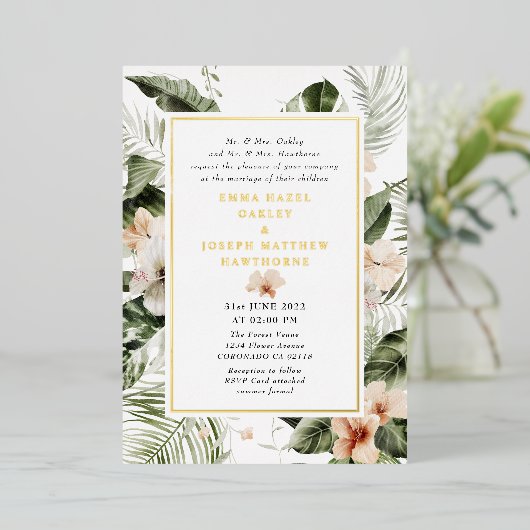 Tropische hibiscus boho bloemenbruiloft folie uitnodiging (Staand Voorkant)