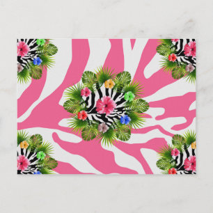 Tropische hibiscus en exotische roze zebra strepen briefkaart