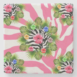 Tropische hibiscus en exotische roze zebra strepen stenen onderzetter