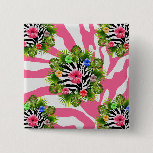 Tropische hibiscus en exotische roze zebra strepen vierkante button 5,1 cm
