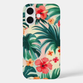 Tropische Hibiscus en Palmbladeren Patroon iPhone 16 Hoesje
