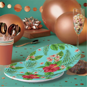 Tropische hibiscus fachter op Turquoise Papieren Bordje