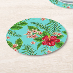 Tropische hibiscus fachter op Turquoise Ronde Kartonnen Onderzetter