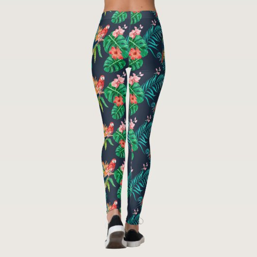 Tropische Hibiscus Floral Print met Oerwoud Parrot Leggings (Achterkant)