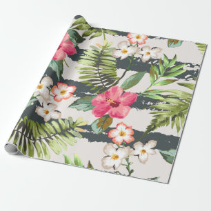 Tropische Hibiscus Flowers laten stripes patroonpa Cadeaupapier