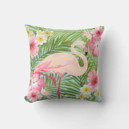 Tropische Hibiscus Flowers met roze Flamingo Buitenkussen