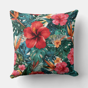 Tropische Hibiscus & Monstera Bladeren Worp Kussen