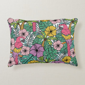 Tropische hibiscus, palm, papegaaienpatroon. accent kussen