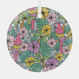 Tropische hibiscus, palm, papegaaienpatroon. glas ornament