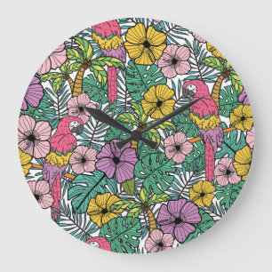 Tropische hibiscus, palm, papegaaienpatroon. grote klok