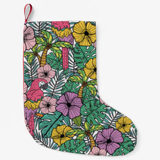 Tropische hibiscus, palm, papegaaienpatroon. kleine kerstsok