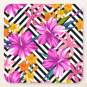 Tropische hibiscus, palmbladeren, geometrisch. vierkante kartonnen onderzetter