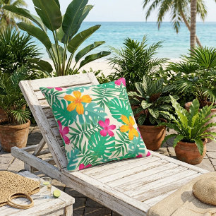 Tropische hibiscus & palmbladeren. Kustzomer. Buitenkussen