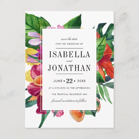 Tropische hibiscus, Plumeria & Palm | Datum opslaa Aankondigingskaart (Voorkant)