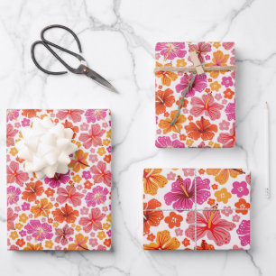 Tropische hibiscus - roze & sinaasappel inpakpapier vel